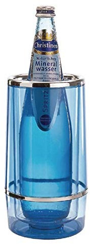 APS Flaschenkühler mit Chromrand, transparenter, doppelwandiger Getränkeflaschen-Kühler, 11,5 x 11,5 cm, Höhe 23 cm, Blau