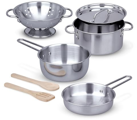 Melissa & Doug - Kinderküchen-Topfset aus Edelstahl, 8-teilig, Mit Töpfen, Pfanne und Küchenhelfern, Für Kinder ab 3 Jahren