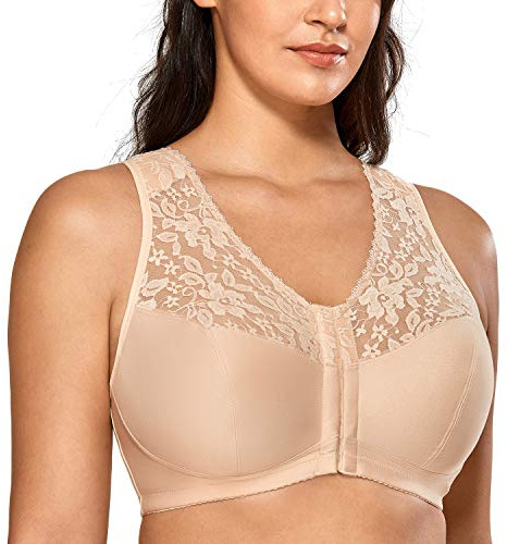Delimira Women's Front Fastening Bras Lace Wireless Plus Size Full Coverage Racerback Support Bra Beige 48E