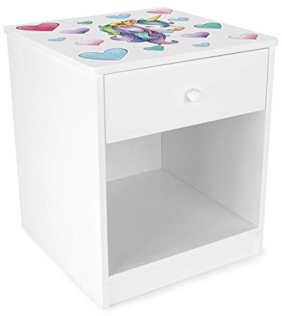 Leomark Nachttisch aus Holz - Einhorn - Nachtschränkchen mit Schublade, Nachtschrank für Kinder, Weiß Nachtkonsole mit Aufdruck, Höhe: 40 cm