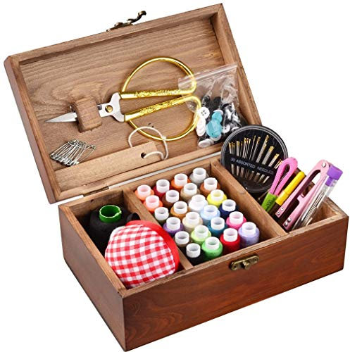 Wooden Sewing Basket,MKNZOME Vintage Sewing Box with Over 110 Pcs Sewing Kit Accessories for Mom Grandma Girl Women Hobbyist Household Gift & Emergency Clothing Fixes