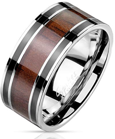 Paula & Fritz® Ring Herren Holz-Inlay 316L Chirurgenstahl Größe 59 (18,8) Silber Schwarz Braun Herren-Ring Partnerring Bandring Damenring Freundschaftsring