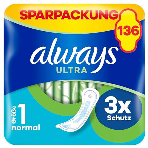 Always Ultra Binden Damen Gr. 1, Normal, 136 Damenbinden ohne Flügel (4 x 34 Stück) Multipack, ultradünn und super absorbierend