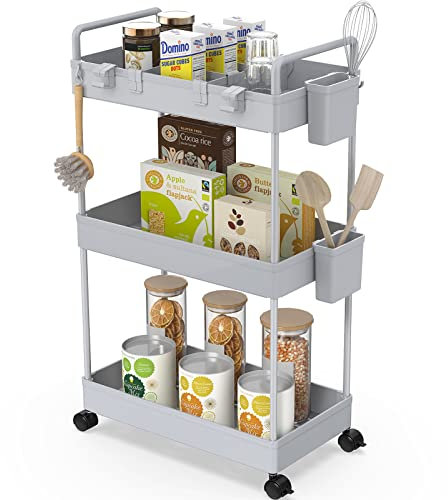Ronlap Slim Storage Trolley, 3 Tier Rolling Cart Storage Organizer, Utility Rolling Cart with Handle Hanging Cups Dividers for Office Bathroom Kitchen Laundry Room Narrow Places, Grey