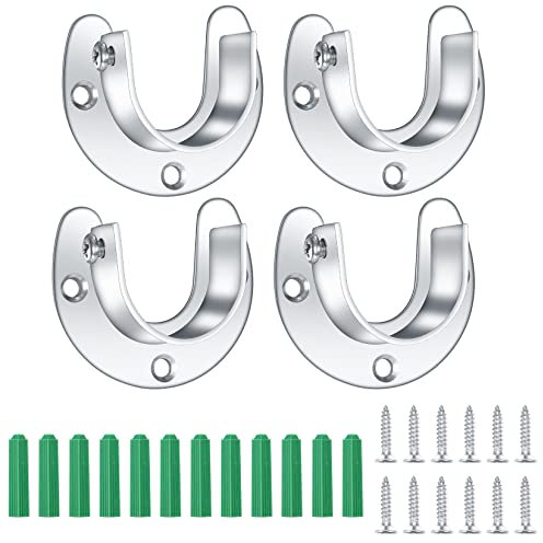 4 Packs Wardrobe Pole Brackets, 25 mm/1 inch Stainless Steel Closet Pole Sockets, U Shaped Flange Rod Holder, Closet Rod Bracket End Supports for Wardrobe Shower Curtain, with Screws