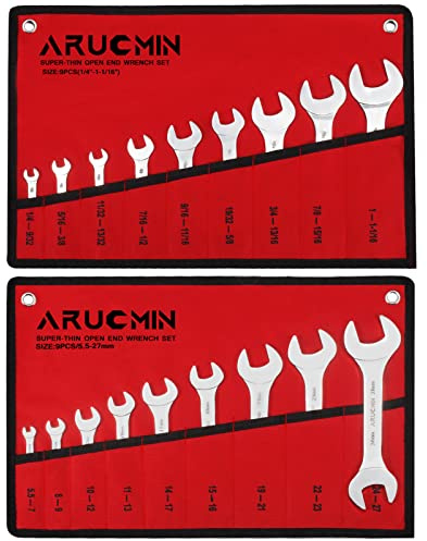 ARUCMIN Super-Thin Open End Wrench Set, 18-Piece SAE & Metric 1/4 to 1-1/16 and 5.5mm to 27mm Chrome Vanadium Steel Wrench Set with Rolling Pouch