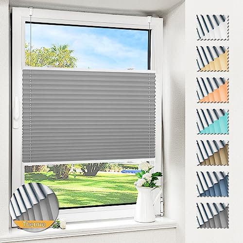 Magiea Plissee ohne Bohren verdunkelung, Thermo Plisseerollo Klemmfix, Hellgrau 80x110cm(BxH), Verdunklungsplissee 100% lichtundurchlässig, Faltrollo für Fenster, Sichtschutz Sonnenschutz