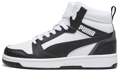 PUMA Unisex Kinder Rebound V6 Mid Jr Sneaker, Puma White Puma Black Shadow Gray, 37 EU