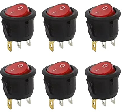 6x Kippschalter Wippschalter 3-polig rund leuchtend - Rot ON/OFF 12V - 24V Kunststoff push Button Switch | schwarz-rot