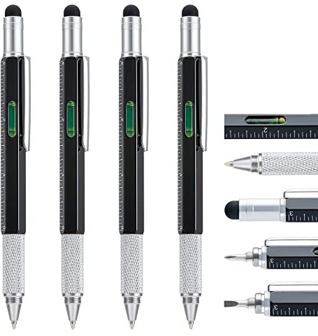 Stylo Multitool Pen 4 Pièces avec Recharges Supplémentaires, Stylo Métal Multifonction 6 en 1 avec Règle et Jauge de Niveau, Gadget Cool pour Homme, Cadeau pour Mari Papa Père (Noir)