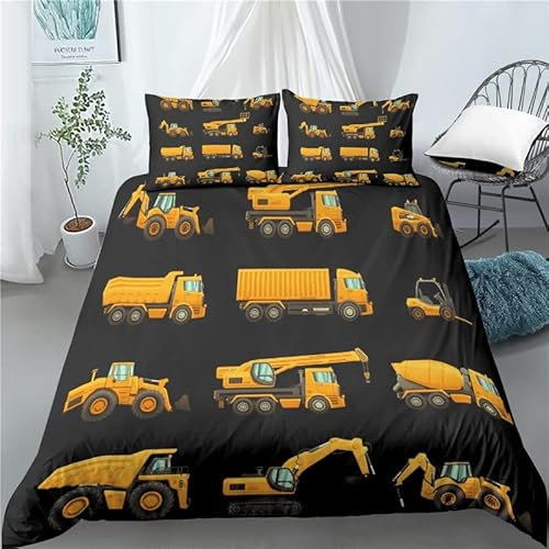 ZZXHG Bettwäsche 135x200 Mikrofaser 3teilig Gelber Bagger Kind, Wendemotiv Bettbezug 135 x 200 2er Set mit 80x80 cm Kissenbezug, Weiche Kinderbettwäsche Für Einzelbett mit Reißverschluss
