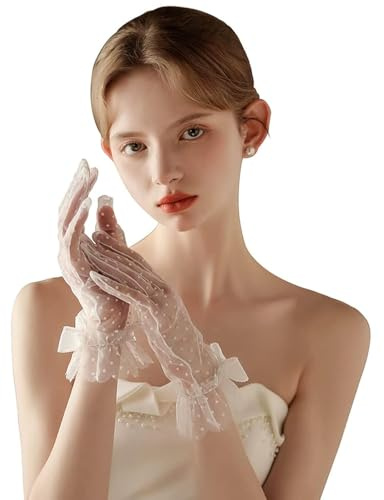 GRYUIRY Short Lace Mesh Gloves Tulle Border with Pearls Wedding Opera Tea Party Gloves for Women Formal