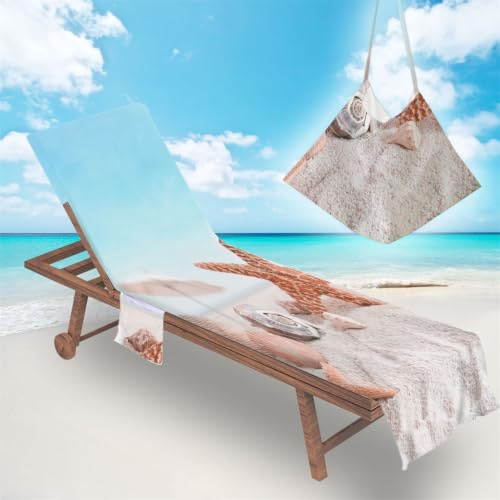 Surwin Schonbezug Für Gartenliege, Seestern Drucken Frottee Liegenauflage Strandhandtuch mit 2 Taschen, Mikrofaser Strandtuch für Schwimmbäder Strände Garten | 75x210cm, Weiß