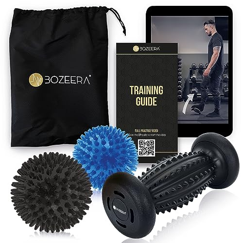 BOZEERA | Rouleau Massage Pied & 2X Balle Massage Pied Fasciite Plantaire | Reflexologie Plantaire | Soulagement Musculaire | Balle Pictot | Set Avec Vidéo, Poster & Sac