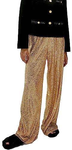 Alaurbeauty Damen Glitzer Pailletten Lange Lose Hosen Bling Sparkly Joggerhosen Lässig Elastisch Hohe Taille Business Hosen für Arbeit Büro Streetwear (Gold, M)