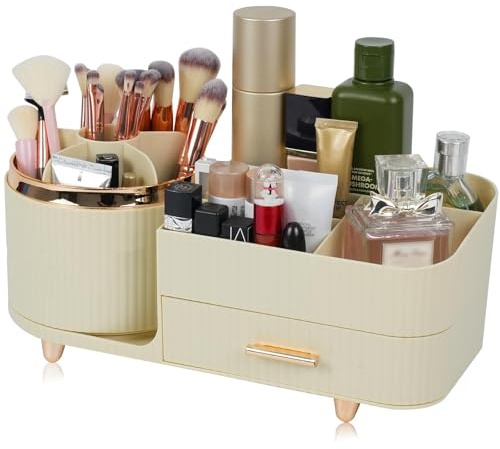 Zufudo Makeup Organizer Countertop with Drawer 360 Rotating Brush Holder Storage Large Capacity Skincare Cosmetic Display Cases for Vanity Bathroom Desktop, Model 3016 Cream