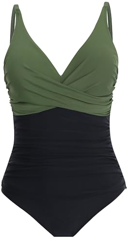 LA ORCHID Damen Badeanzug bauchweg Push up einteiliger Badeanzug bademode v Ausschnitt bademode high Waist für Urlaub Dunkel Grün mit schwarz 4XL