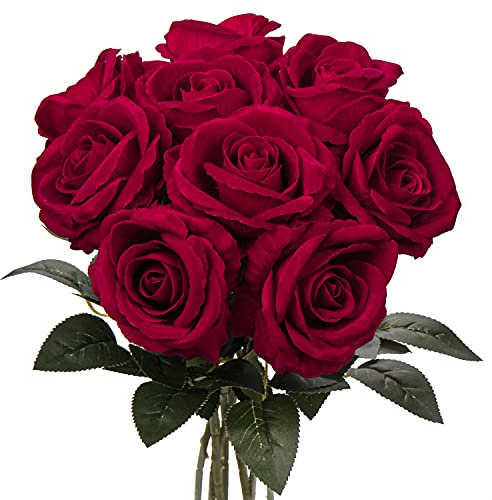 9er-Set Rote Rose Künstlich Große Samt-Touch-Kunstrosen mit 62cm Stielen, Realistische Seidenrosen, Gefälschte Flowers Braut Hochzeit Bouquet zur Dekoration für Zuhause, Hochzeit, Party-Dekoration