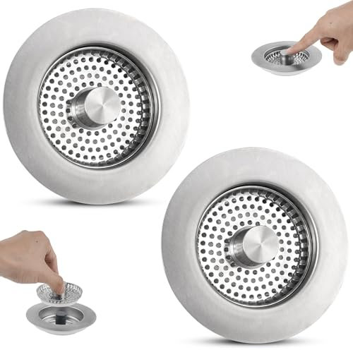 iFealClear 2-Pack Stainless Steel 3-in-1 Kitchen Sink Plug & Strainer Set,All Metal Replacement for Drain Stopper, Odor-Proof & Leak-Proof, Fit Sink Holes' Diameter of 72-86 mm, Depth > 28 mm