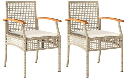 Gecheer 2 STK. Garten Essstuhl Gartensessel Sessel Stuhl Gartenstuhl Stühle Rattanstuhl Rattansessel Stuhlset Gartenmöbel Beige Poly Rattan Akazienholz