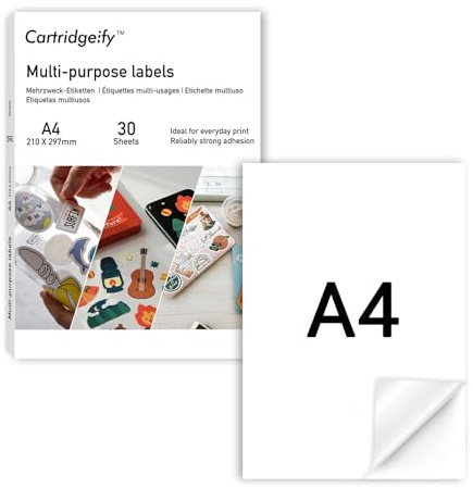 Cartridgeify Universal Etiketten, 30 Blatt, bedruckbare selbstklebende Etiketten, 1 pro A4-Blatt, 210 x 297 mm, 30 Stück, matt, blanko Papier-Klebeetiketten-Aufkleber, weiß
