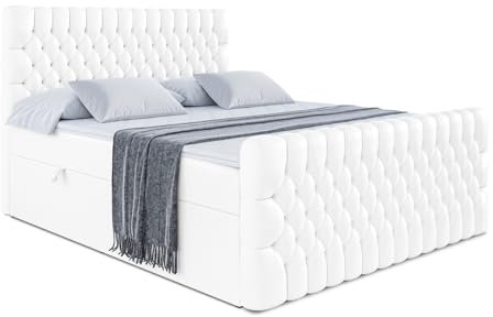ALTDECOR Boxspringbett mit Matratze und Lattenrost, Boxbett, Topper, Fußteil, Polsterbett mit Bettkasten, Bett mit Stauraum H4-Matratze, Doppelbett, Springboxbett -Serene-Z - 120x200 Weiß Kunstleder