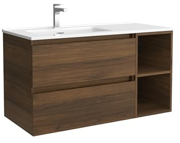 Salgar Mueble de Baño Bequia 90cm + Coqueta 2 Huecos Derecha + Lavabo cerámica | Nogal |90x45x56