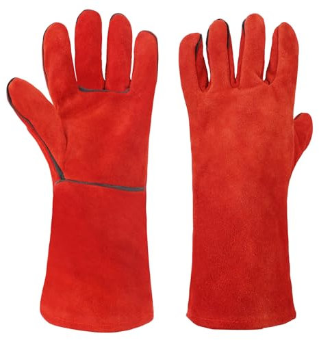 AUAUY Welding Gloves, Heat Resistant Long Leather Gauntlets, Fire Resistant Welders Gloves, Wear Resistant Heavy-Duty Protective Gloves for Grinding, BBQ, Baking, Oven, Fireplace, Gardening-Red