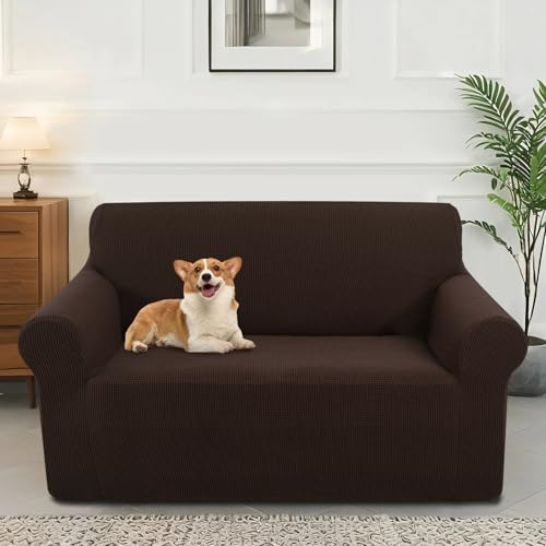 Luxshare Home Stretch Sofaüberzug waschbar Rutschfester Möbelschutz mit elastischem Bund & Schaumstoff Kratzfester Sofabezug für Kinder,Hunde und Haustiere(Loveseat/Chocolate)