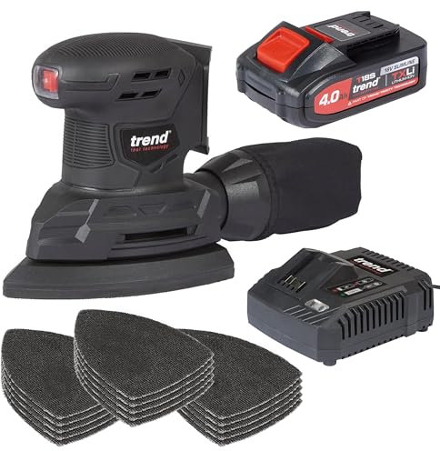 Trend 18V Cordless Detail Sander with 4Ah Battery, Fast Charger & 150 Abrasive Sheets (80, 120, 240 Grit), T18S/DSP2