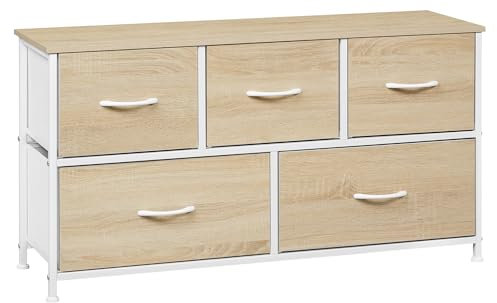 WOLTU Comoda para Dormitorio, Cajonera Almacenaje, Cómodas 5 Cajones de Metal y Madera, Cajoneras Dormitorio y Habitacion, Mueble Almacenaje, Armario Organizador Roble Claro+Blanco, SSK005whe