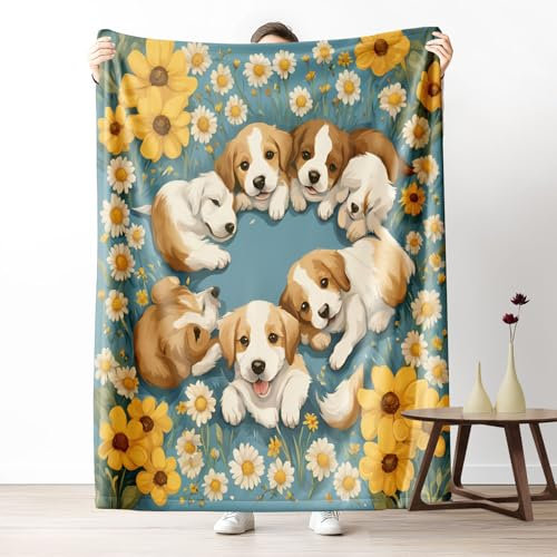 Pggong Süße Golden Retriever Decke Sofadecke Weiche Flanell, Chrysantheme Botanisch Floral Kuscheldecke Waschbar Flauschig, Haustier Hund Fleecedecke 80x150cm Wohndecke für Bett Couchdecke
