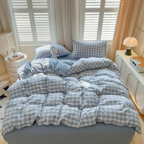 Covebett Bettwäsche 135x200 Blau Weiß Kariert mit 1 Kissenbezug 80x80 cm | Bettbezug Set, 2 Teilig, Karo, Gitter, Landhaus, Geometrisch, Wende, Bettwäsche-Sets, Microfaser, Aesthetic, Reißverschluss