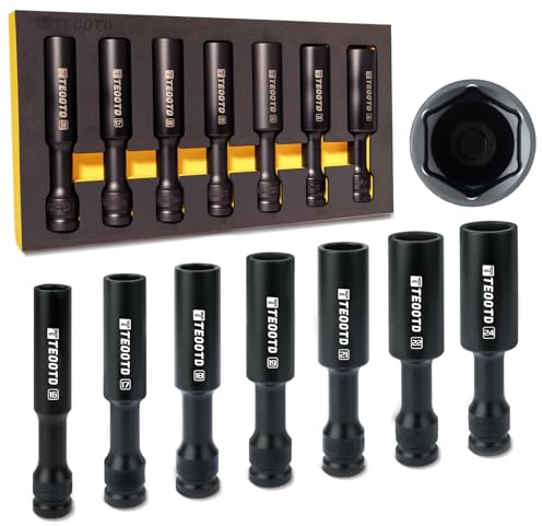 1/2 Drive Impact Socket Set, 7 Piece 5.1in Integrated Long Metric Deep Socket Set, Lug Nut Socket 6-Point, Non-Marring Thin Wall Wheel Protector, 16-24mm, Cr-V