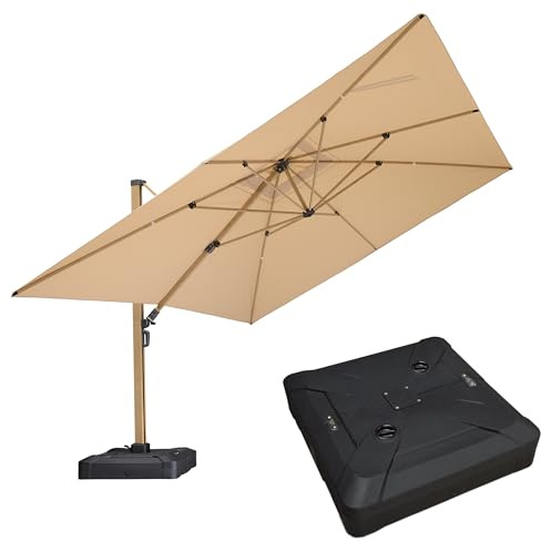 PURPLE LEAF Parasol Déporté Carré de Luxe 3,65 x 3,65 m avec Pied, Parasol De Jardin Extérieur avec Rotation à 360°, Mât Aluminium Finition Effet Bois, Toile UPF 50+, Pour Terrasse, Piscine, Beige