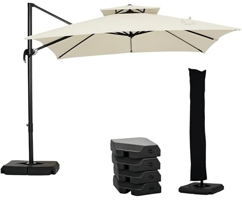 Outsunny Ombrellone da Giardino a Manovella 2.7x2.7 m con Manovella Regolabile e Girevole, Ombrellone Decentrato a Braccio con Copertura, Base a croce, Base Riempibile e Presa d'Aria, UV30+, Beige