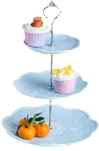 YBK Tech 3-Tier Porcelain Serving Stand, Cake Stand with Embossed Lace Pattern - (Blue, Silver rod)