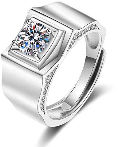 Lirzxin Hochzeit Ring Weißgold Herren 585 14 Karat, Hochzeitsringe Herren Verstellbar Breit Siegelring Welle Design mit Rund Erstellter Diamant Verlobungsringe Weißgold Gr. 70 (22.3)