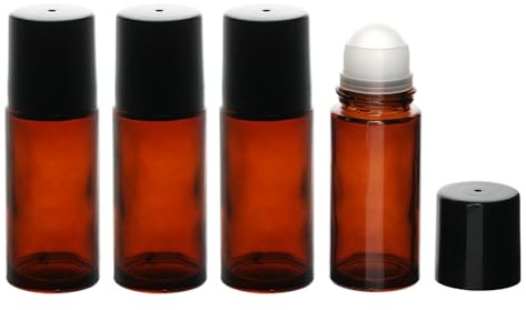 STNRST-IN 4PCS 50ml Glass Essential Oil Roller Bottles, Empty Refillable Rollerball Bottles, Brown Roller Ball Applicator with Black Lid for Perfumes Cosmetics Aromatherapy Massage