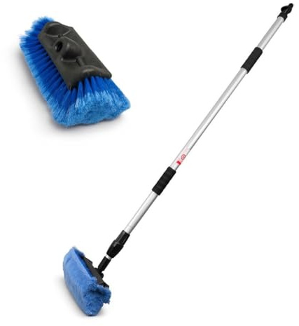Autowaschbürste mit Teleskopstiel von 150-250 cm mit Wasseranschluss – Profi Waschbürste mit 4-Seiten-Kopf, weichen Borsten, Durchflussregulierung – ideal für LKW, Transporter, Haus & Garten
