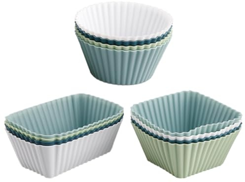 Hopzab 12 Pcs Silicone Cupcake Cases Set – Reusable Non-Stick Baking Cups for Muffins, Cakes, Bread, Puddings, Oven-Safe & Food Grade Safety, Air Fryer Liner, Multi-Shape, DIY Baking Kit(Green)