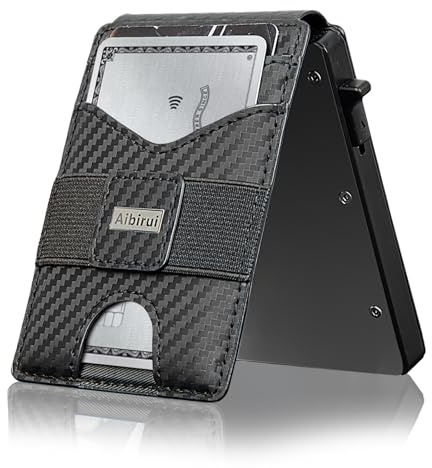 Aibirui Slim Wallet Herren mit Pop-Up & RFID Schutz, 12 Kartenfächer, Geldklammer & Ausweisfenster, Ultradünnes Kartenetui aus Aluminium & Leder (Grau)
