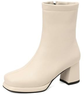Botines De Mujer Con Punta Cuadrada, Elegantes Botines De Piel Sintética Con Tacón De Bloque Y Cremallera Lateral Botines De Moda Para Otoño E Invierno Para Uso Diario,Beige,37 EU
