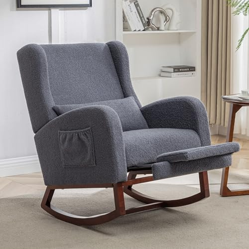 YUUIJOAA Schaukelstuhl mit Fußstütze, Schaukelsessel, Gepolsterter Stillstuhl mit Holzbeinen & Seitentaschen, Hochlehner Stillen Sessel für Wohnzimmer, Schlafzimmer, Babyzimmer (Samt-Dunkelgrau)