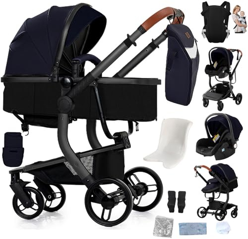 3-i-1-resesystem, barnvagn med dubbelriktad dragfunktion, multifunktionell, hög sikt, för spädbarn 0–3 år, med sovkorg och bilstol (X518-HG-blå)
