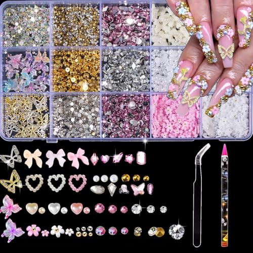10000pcs Nail Charms and Gems Pink Cute Bow Heart 3D Flower Charms for Junk Cases kit Gold Chunky Butterfly Charms for Nails Design,nail jewels Diamond Rhinestones for Nails;Beads Pearls for Nails Art