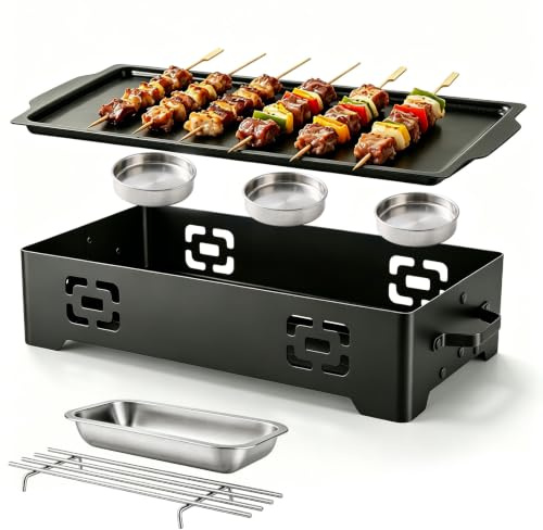 Joyzan Plaque Chauffante pour BBQ, Récipient de Maintien au Chaud Jardin | Acier Inoxydable avec Revêtement Anti-Adhésif Chauffe-Plats Barbecue avec 3 Supports Bougies (Sans Bougies) pour L'extérieur