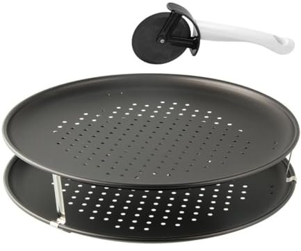 Zenker 7512 Pizzaset 3-teilig,Pizzableche,Pizzaschneider,Pizzablech rund (Ø 32 cm) gelocht,inkl. Pizzaschneider und Halter,für Pizza,Flammkuchen, Schwarz