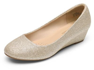 DREAM PAIRS Women's Debbie Mid Wedge Heel Pump Shoes, Gold/Glitter, Size 7