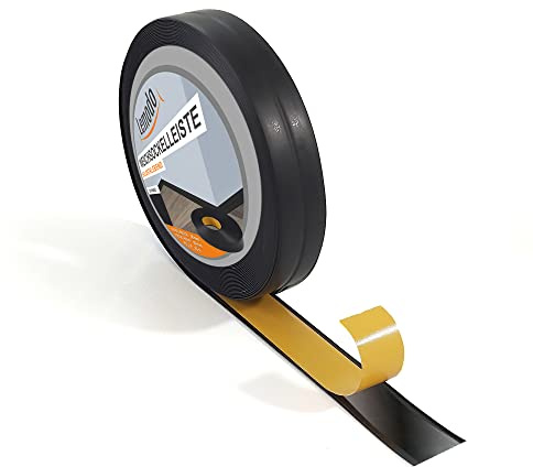 Lemodo Weichsockelleiste selbstklebend 18 + 18 mm (36 mm Gesamtbreite) | Winkelleiste aus PVC | Abschlussleiste auf der Rolle | Als Knickwinkelleiste oder Flachleiste einsetzbar (schwarz, 25m)